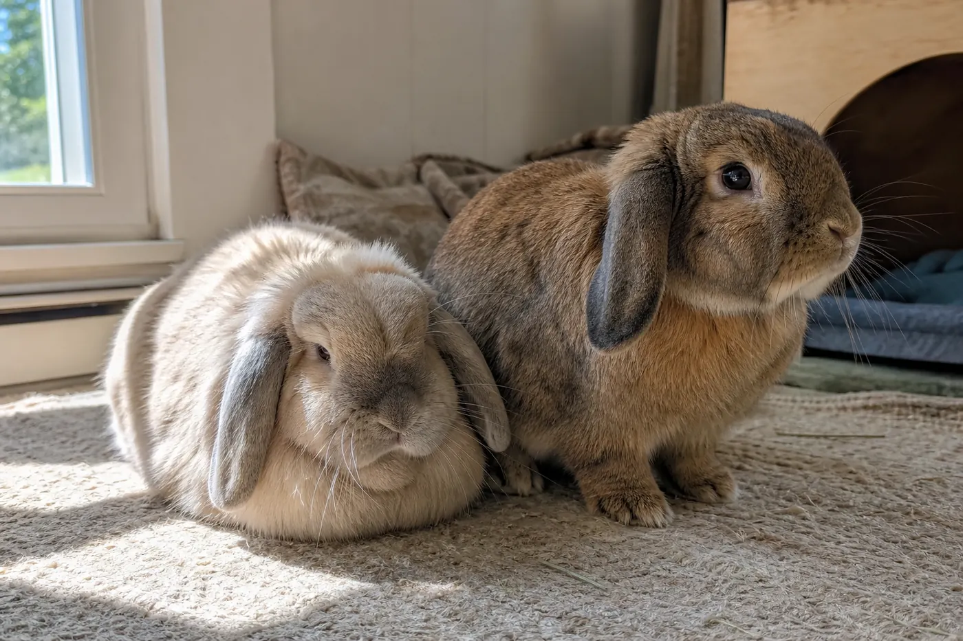 Two lop-eared house rabbits, one cream and one brown, relaxing together on a rug beside a window.